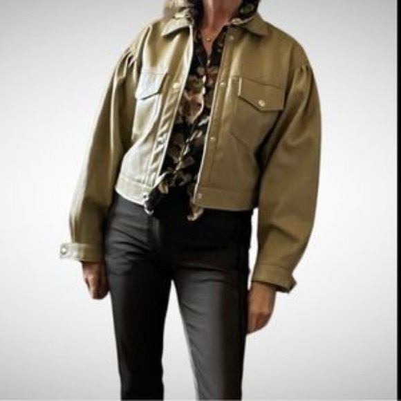 Tahari Womens Jacket Olive Green Utility Faux Leather Vegan Puff Sleeves Sz. L - Picture 1 of 9